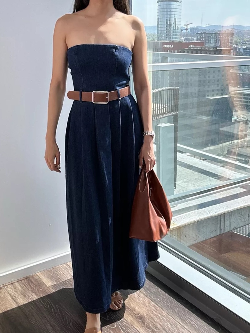Zara • Denim belted midi dress